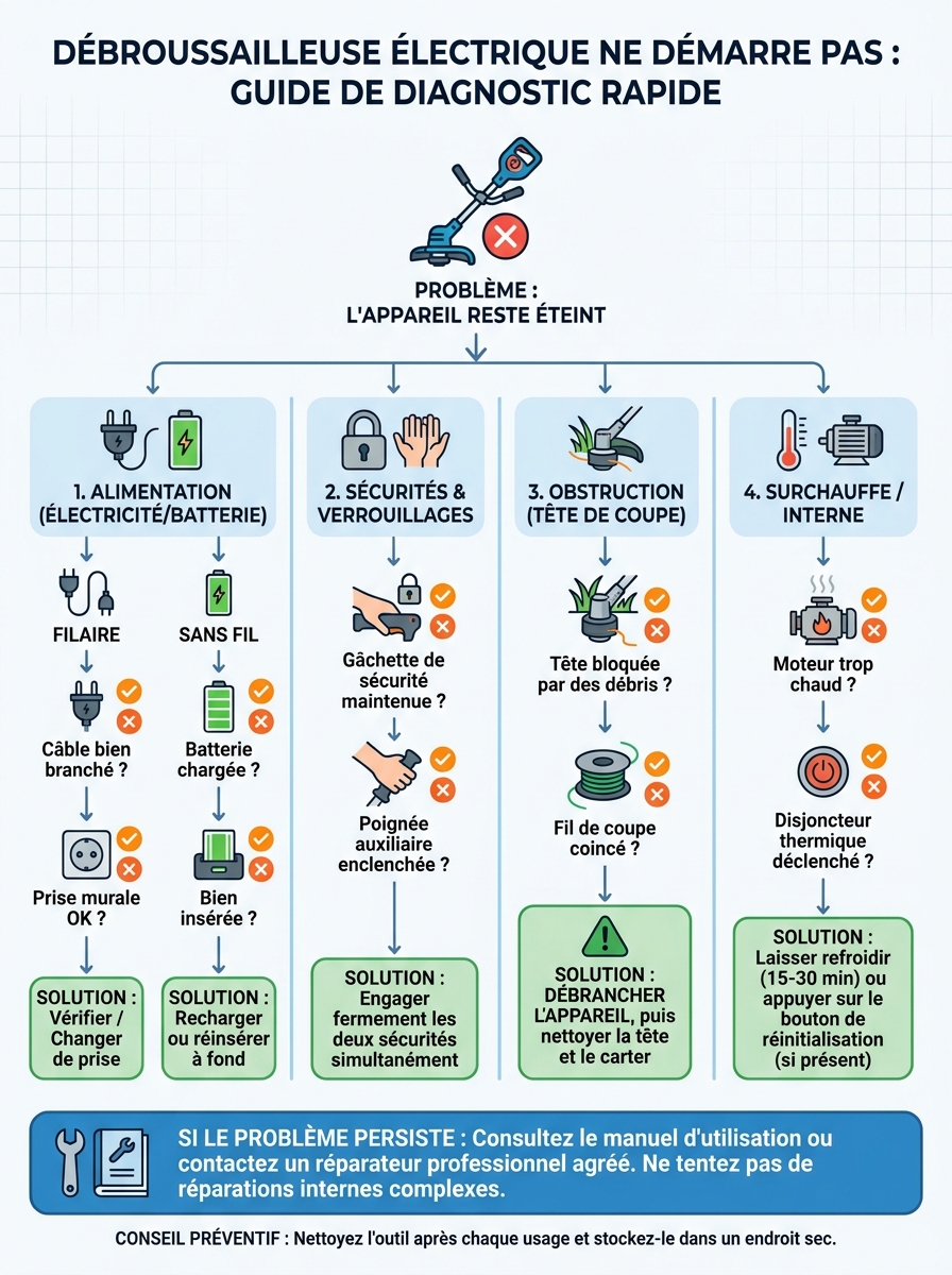 Infographie débroussailleuse électrique ne démarre pas