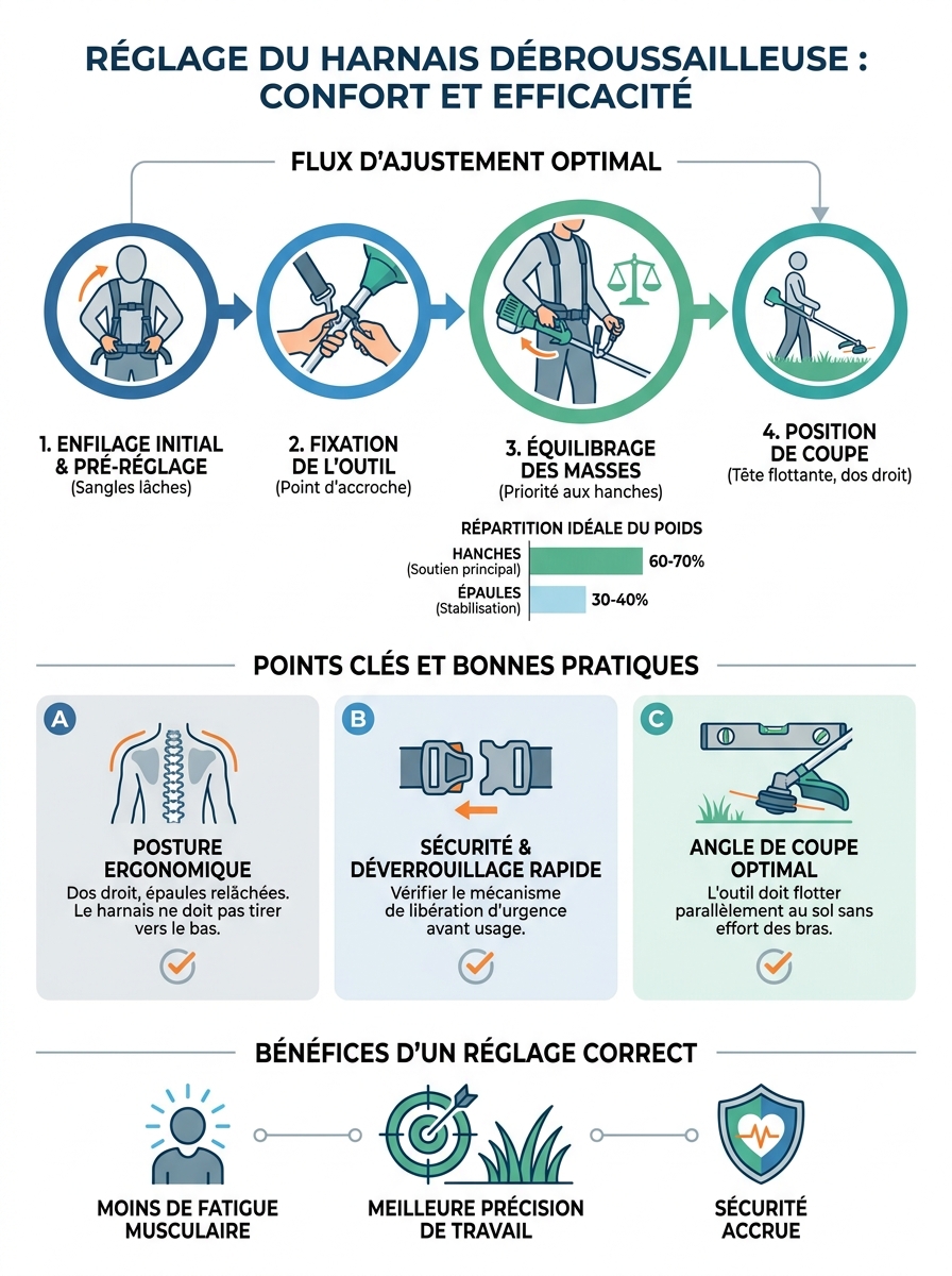 Infographie harnais débroussailleuse réglage