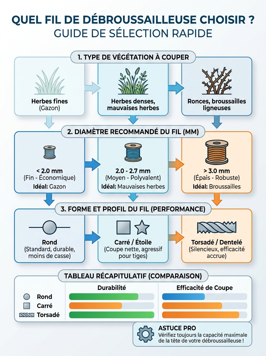 Infographie quel fil de débroussailleuse choisir